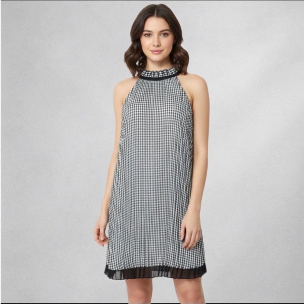 White House Black Market Black White Gingham Halter Neck Pleated Shift Dress